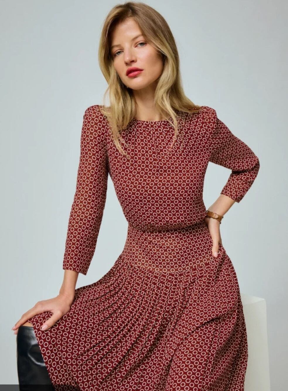 Reformation Women’s Sabra Dress in a red and white ring-dot pattern Size S